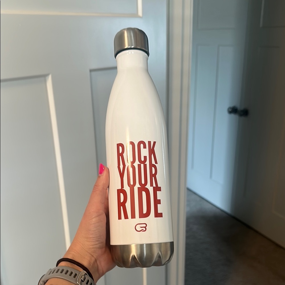 Cyclebar White and Silver hydro Water Bottle with Red Text